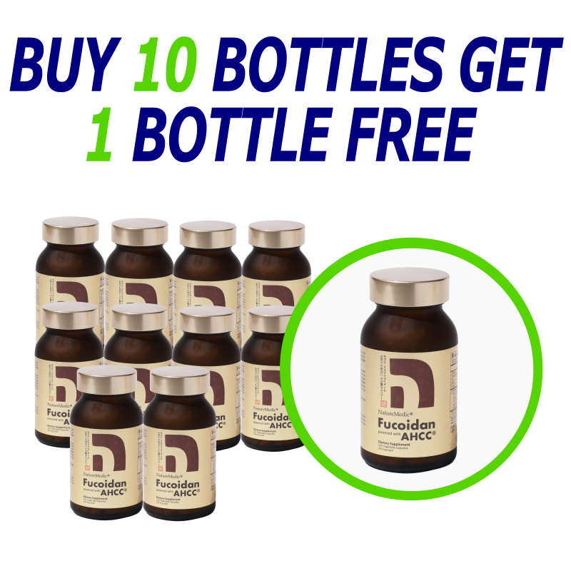 An assortment of Fucoidan capsule bottles displayed with a promotional offer indicating 'Buy 10 Bottles Get 1 Bottle Free' and '1 Bottle Free' highlighted in green.