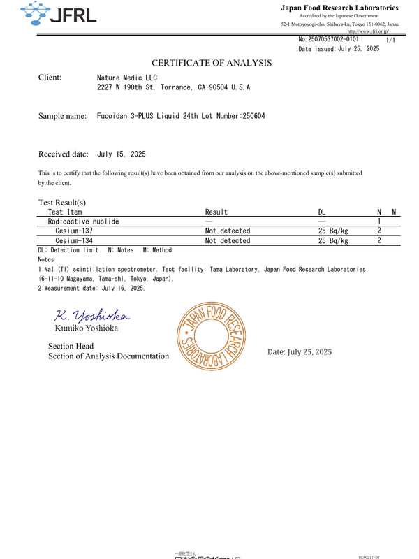 Certificate of Analysis from Japan Food Research Laboratories with test results and JFRL logo.